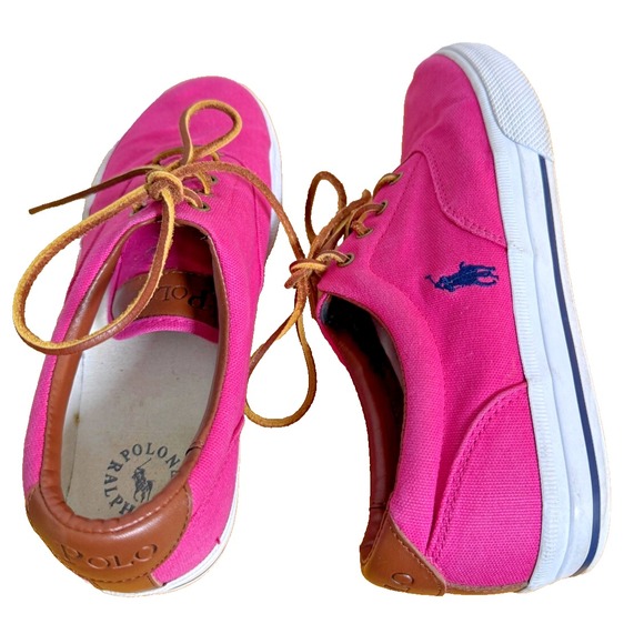 Polo Ralph Lauren MANDI PRE-OWNED WOMENS Sneakers 9.5B Pink Canvas Lace Up Shoes - Picture 1 of 17